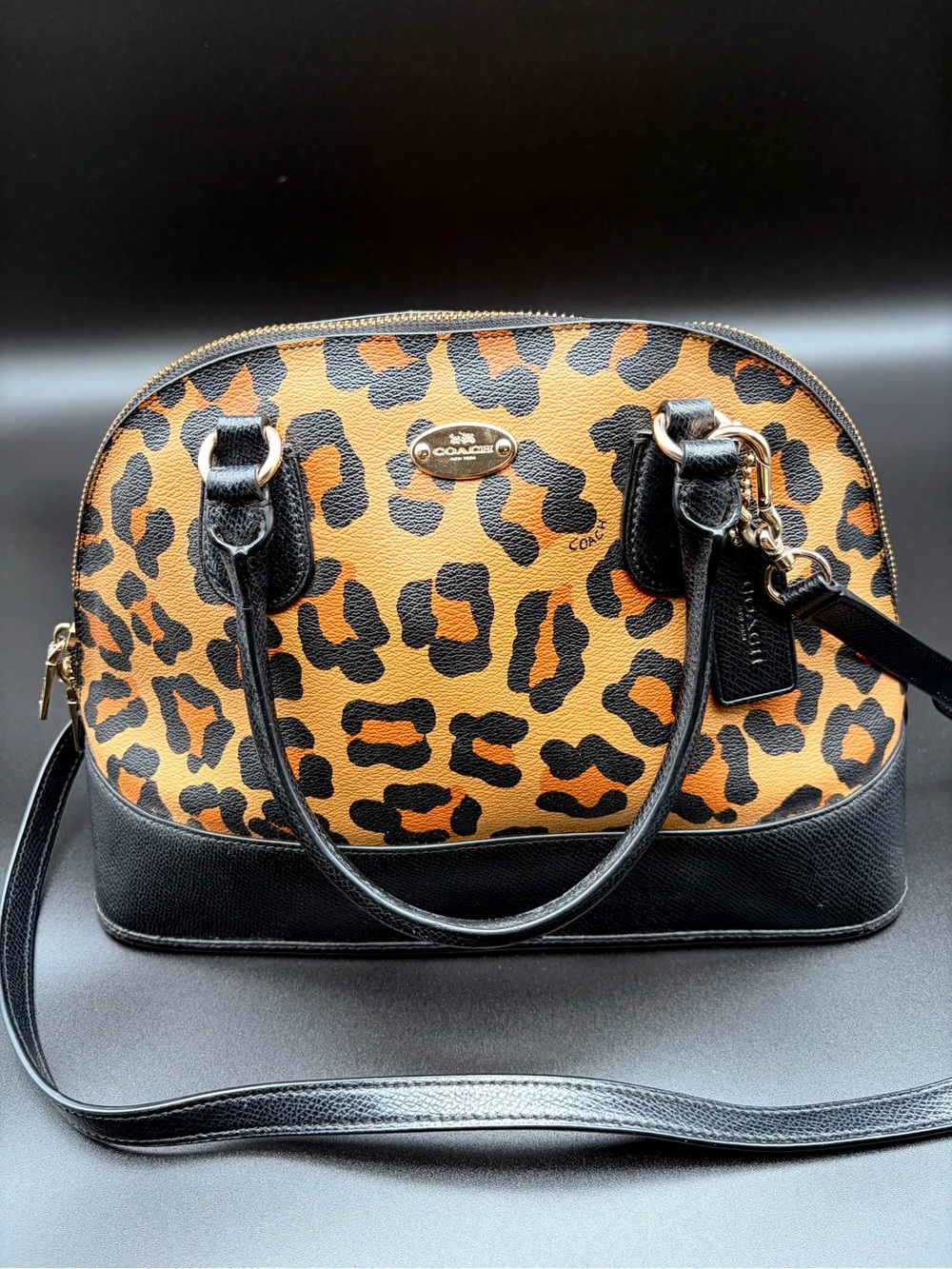 Coach Sierra Leopard Print Dome Satchel Medium Zip Top Crossbody Handbag Purse